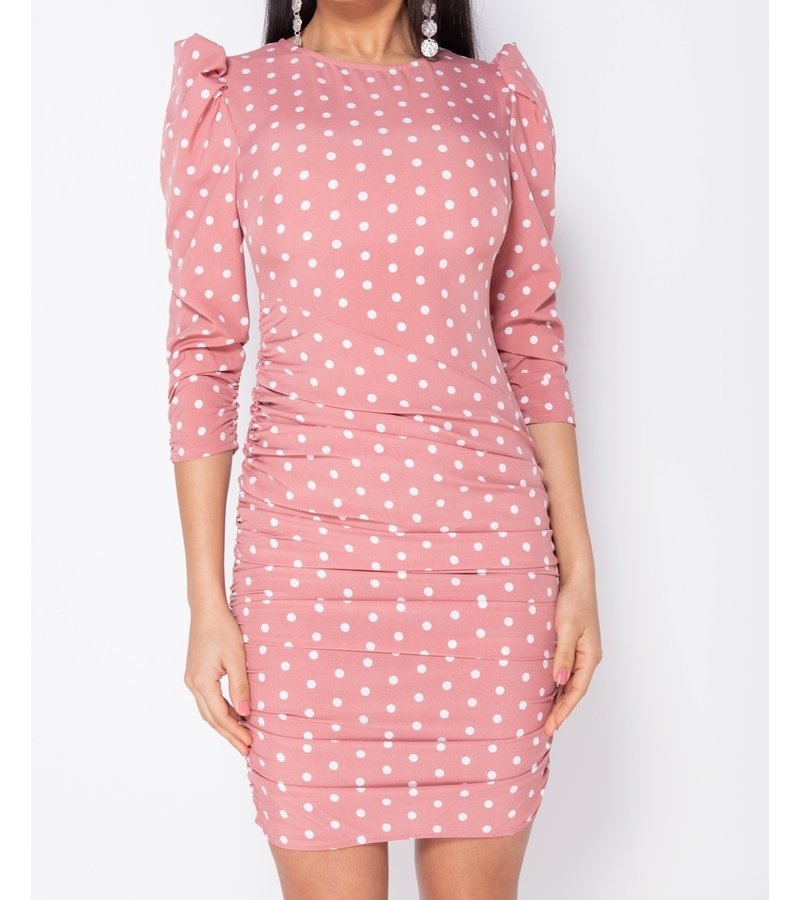 PARISIAN Polka Dot Puff Sleeve Ruching Detail Bodycon Dress - Pink