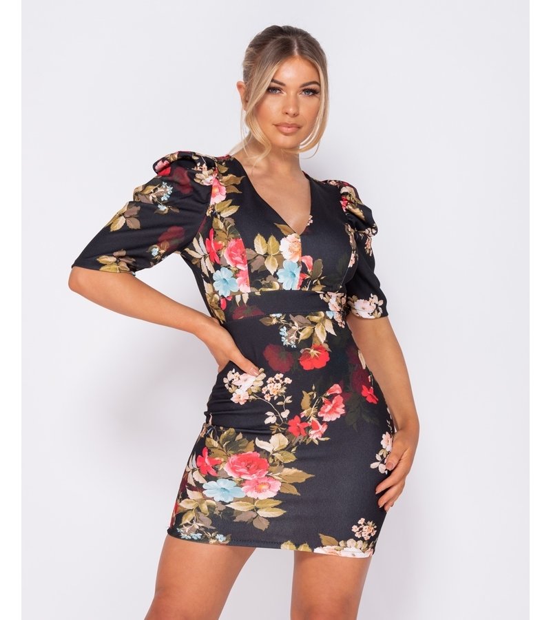 PARISIAN Floral Print Puffed - Bodycon Mini Dress - Women - Black