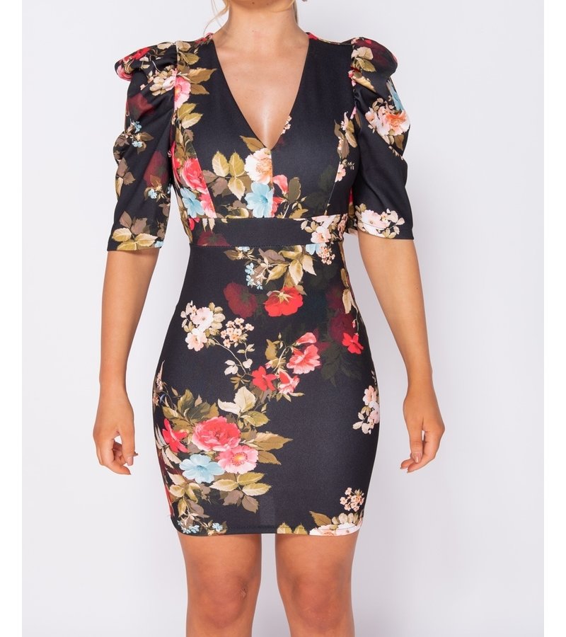 PARISIAN Floral Print Puffed - Bodycon Mini Dress - Women - Black