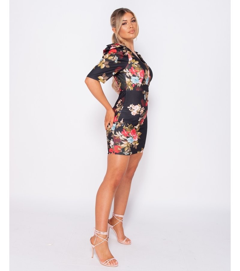 PARISIAN Floral Print Puffed - Bodycon Mini Dress - Women - Black