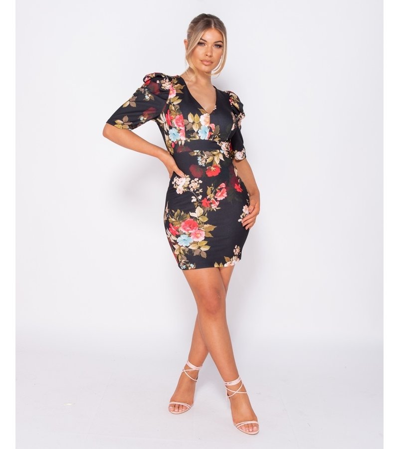 PARISIAN Floral Print Puffed - Bodycon Mini Dress - Women - Black