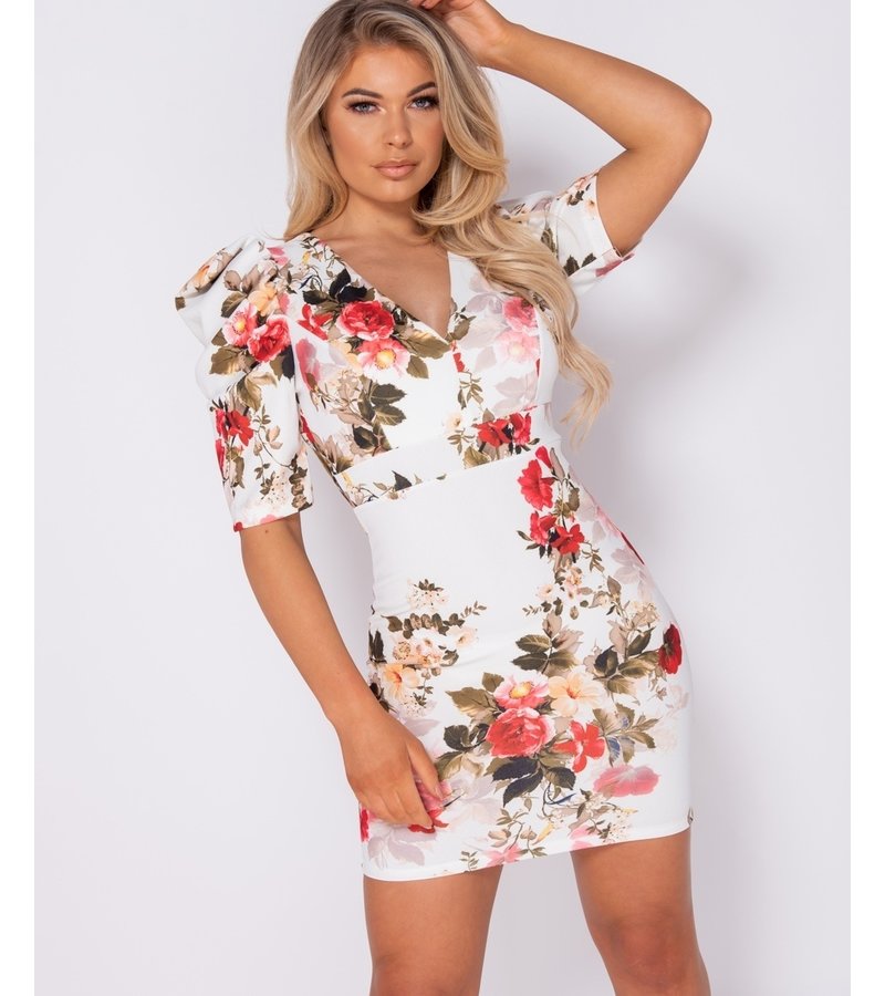 Floral Print Puffed Bodycon Mini Dress ...