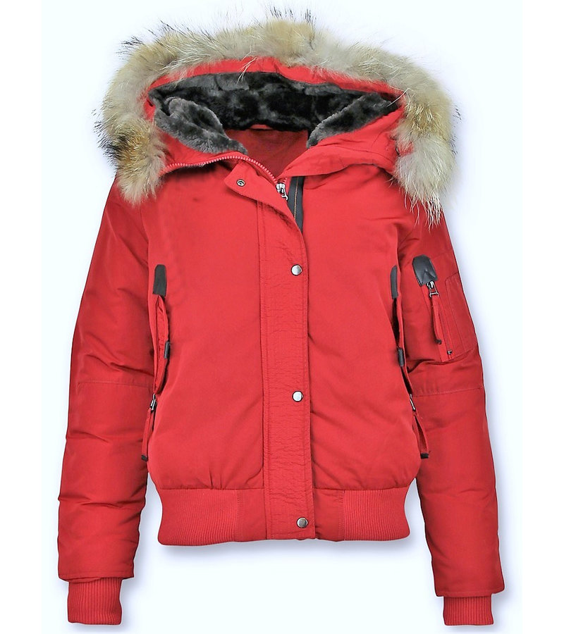 Macleria Fur Collar Women Winter Coat Short - Red