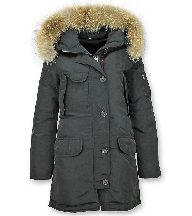 Macleria Fur Collar Parka WinterJacket Ladies Long - Black