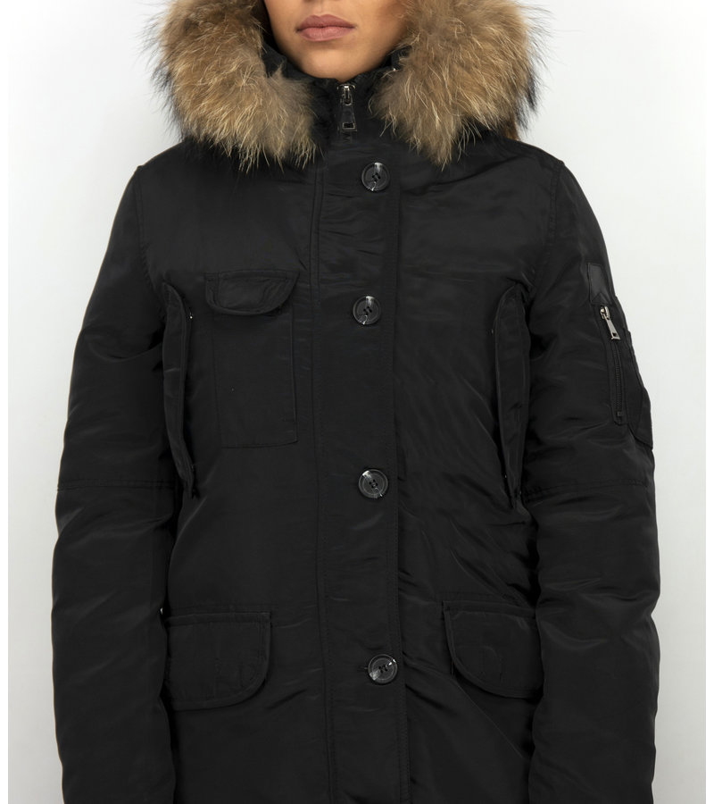 Macleria Fur Collar Parka WinterJacket Ladies Long - Black