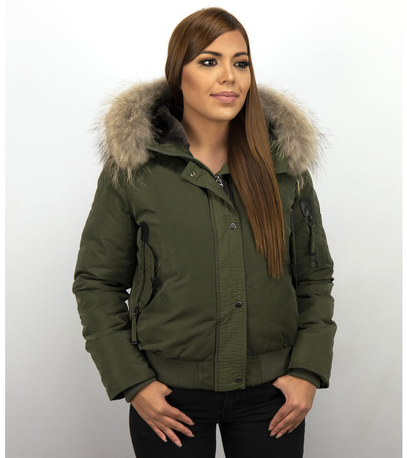 Macleria Fur Collar Women Winter Coat Short - Green