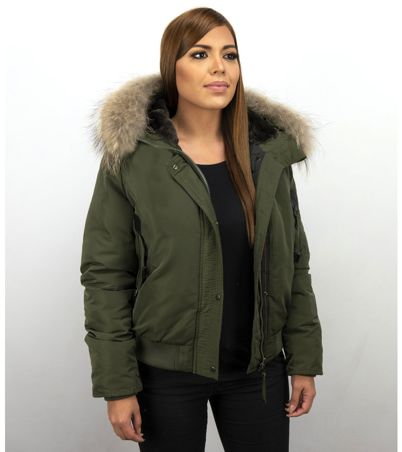 Macleria Fur Collar Women Winter Coat Short - Green