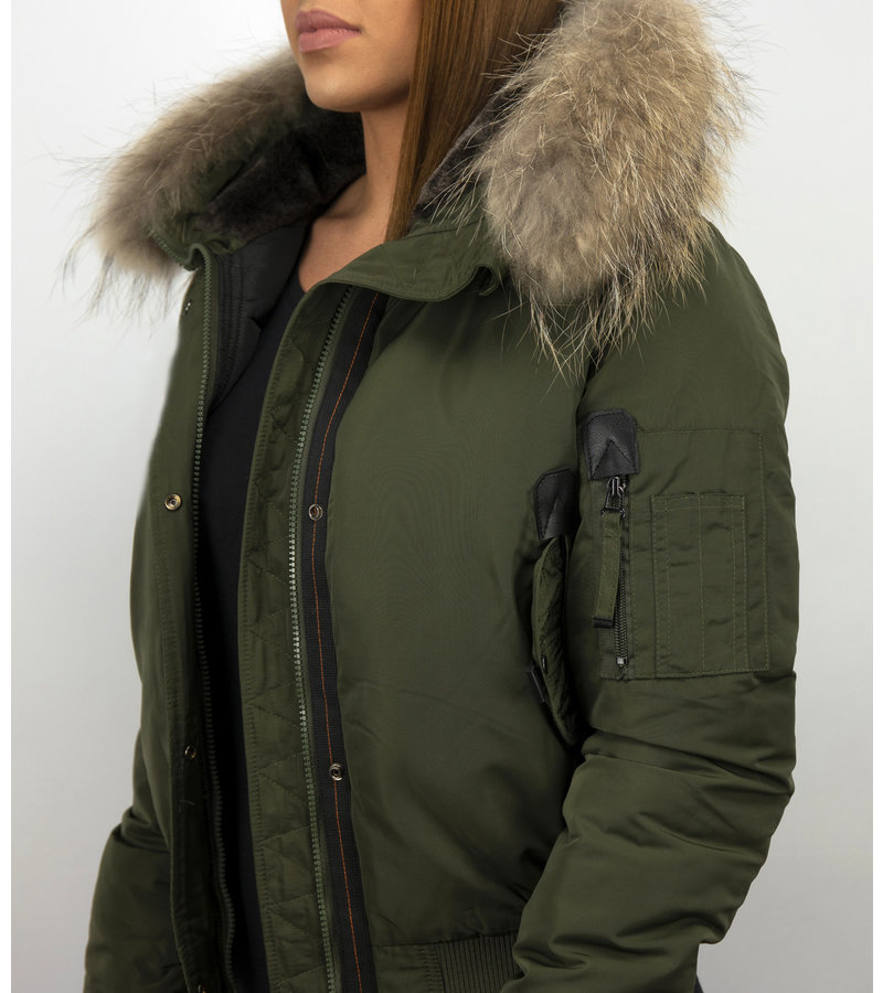 Macleria Fur Collar Women Winter Coat Short - Green