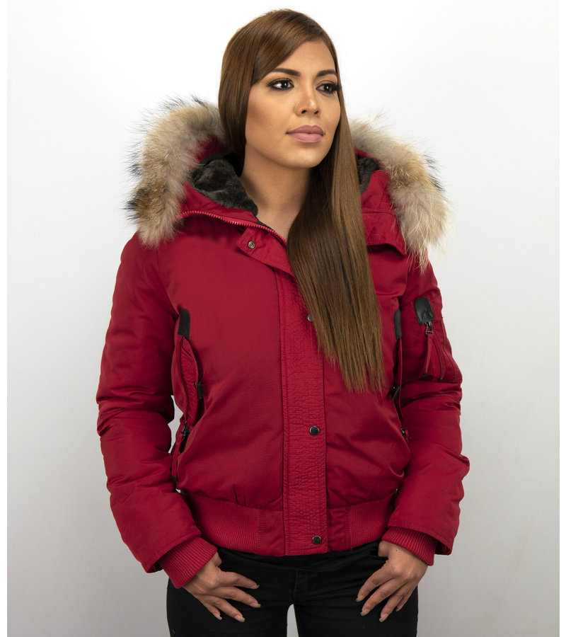 Macleria Fur Collar Women Winter Coat Short - Red