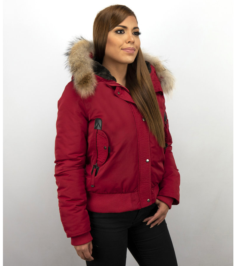 Macleria Fur Collar Women Winter Coat Short - Red