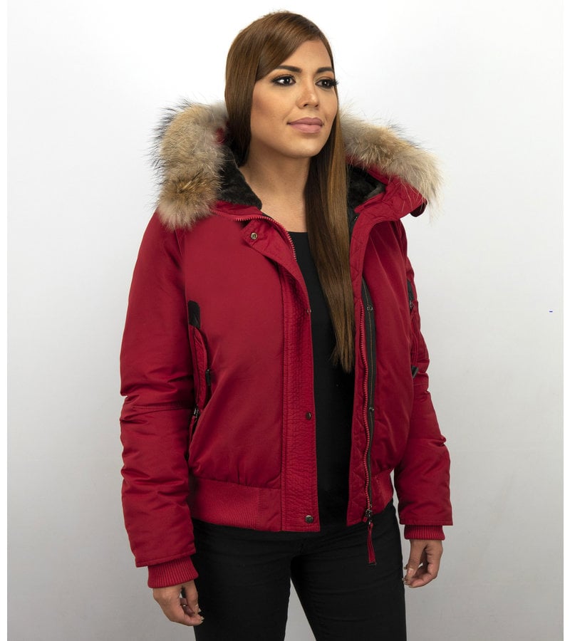 Macleria Fur Collar Women Winter Coat Short - Red