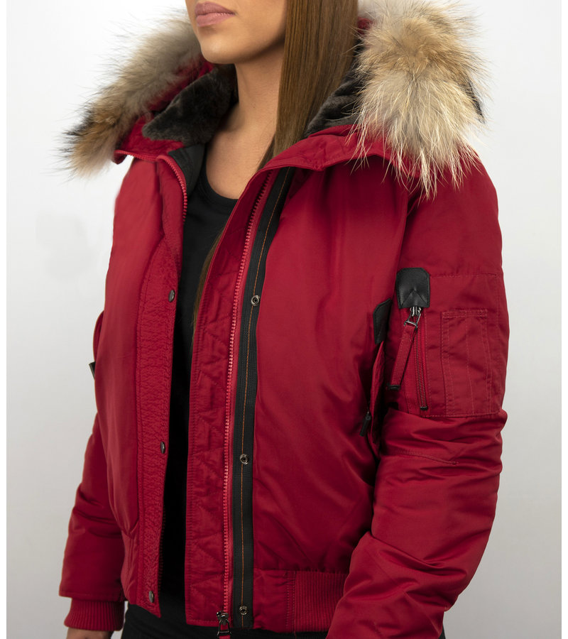 Macleria Fur Collar Women Winter Coat Short - Red