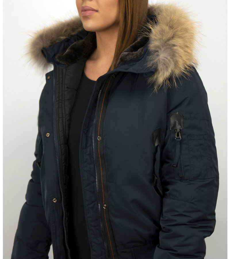 Macleria Fur Collar Coat - Women's Winter Coat Short - Blue