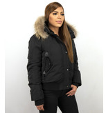 Macleria Fur Collar Coat - Women's Winter Coat Short - Black