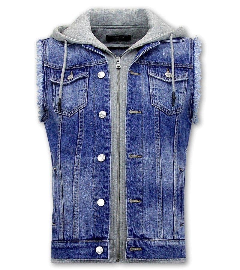 Enos Mens Denim Vest With Hoodie - RJ9103 -  Blue