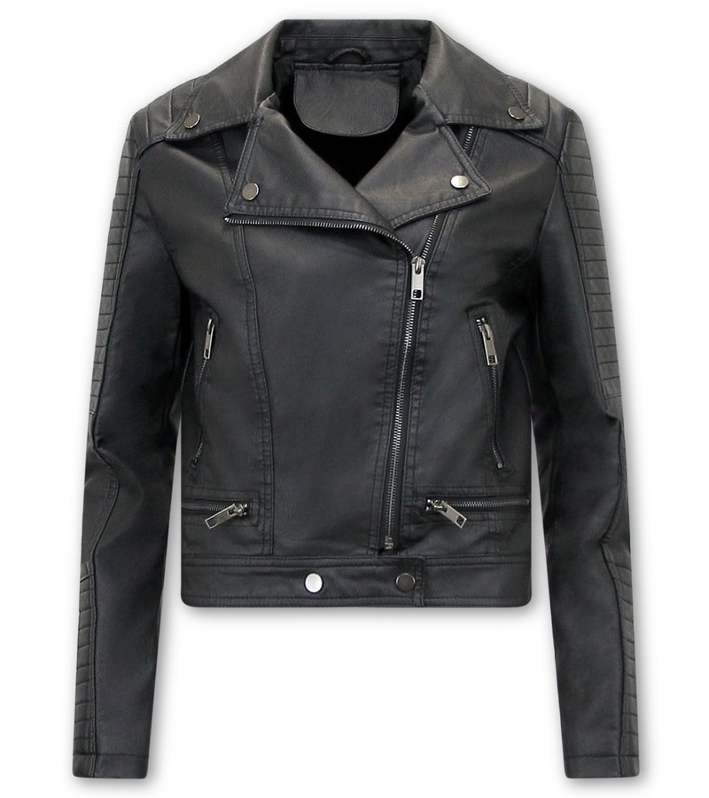 Bludeise Ladies Leather Biker Jacket - AY151 - Black