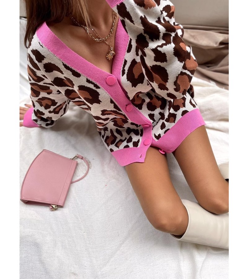 QU-Style Leopar Pattern Oversized Women's Cardigan - 13333 - Beige / Pink