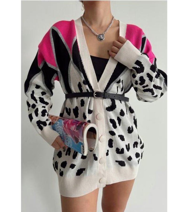 QU-Style Leopar Pattern Oversized Women's Cardigan - 220010 - Beige / Pink