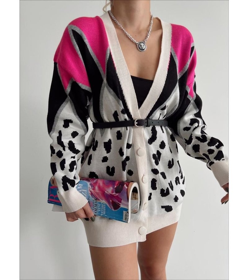 QU-Style Leopar Pattern Oversized Women's Cardigan - 220010 - Beige / Pink