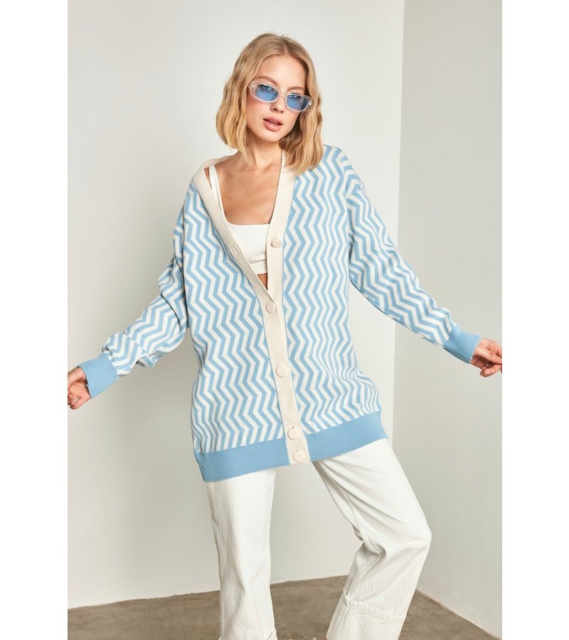 QU-Style Women's Oversized Cardigan - 13143 - Beige / Blue