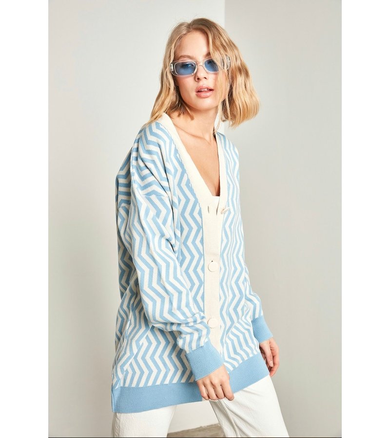 QU-Style Women's Oversized Cardigan - 13143 - Beige / Blue