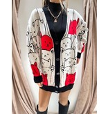 QU-Style Poes Design Oversized Ladies Cardigan - 22008 - Beige / Red