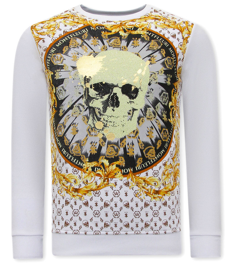 Tony Backer Men's Sweater with Print Skull Rhinestone - 3796 - White