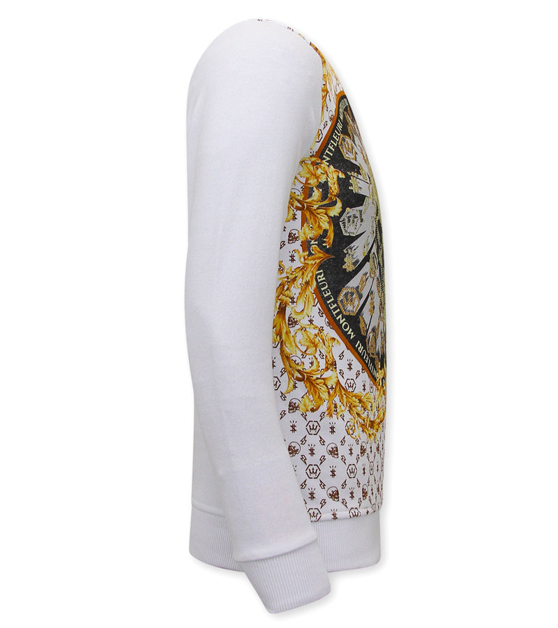 Tony Backer Men's Sweater with Print Skull Rhinestone - 3796 - White