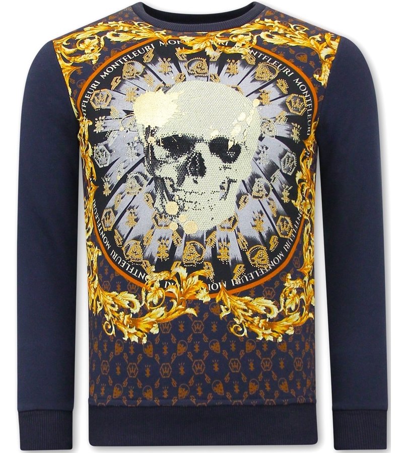 Tony Backer Men's Sweater with Print Skull Rhinestone - 3796 - Blue
