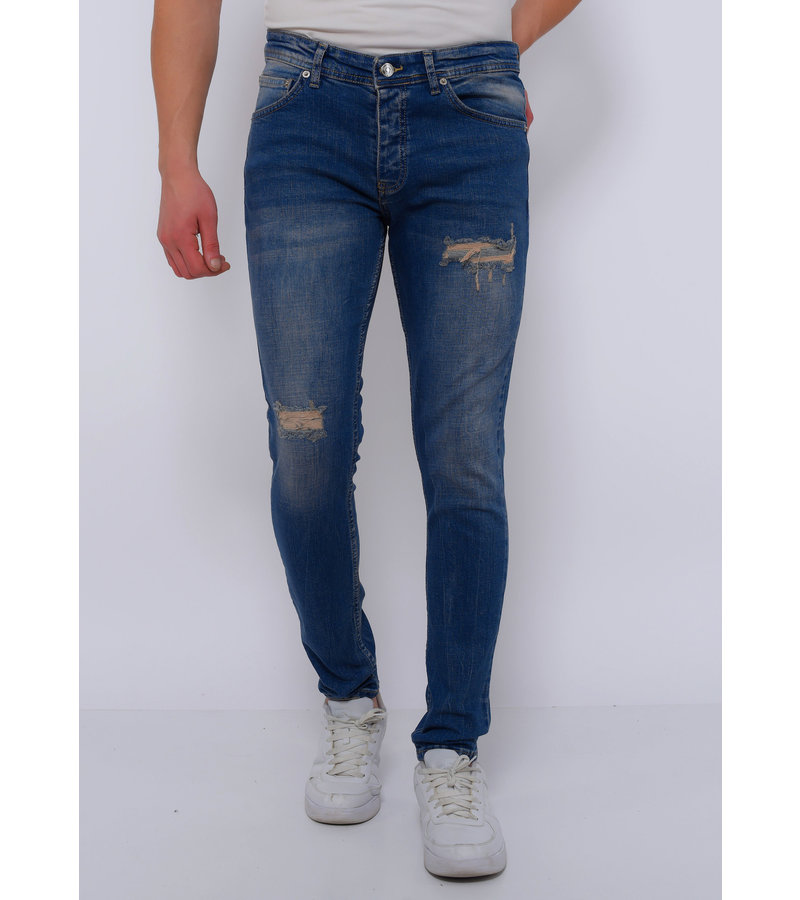 SLIM FIT JEANS 2.0 RIPPED AND REPAIRED - MID BLUE – Legend London
