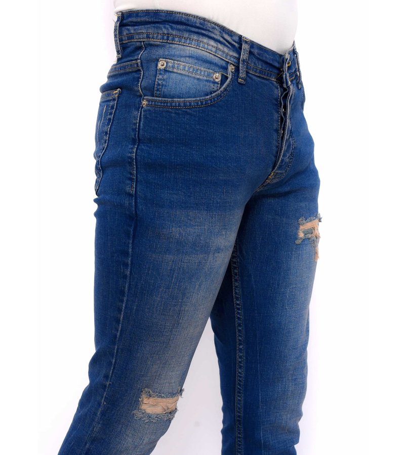 True Rise Ripped Jeans Men Slim Fit Stretch - DC-046 - Blue