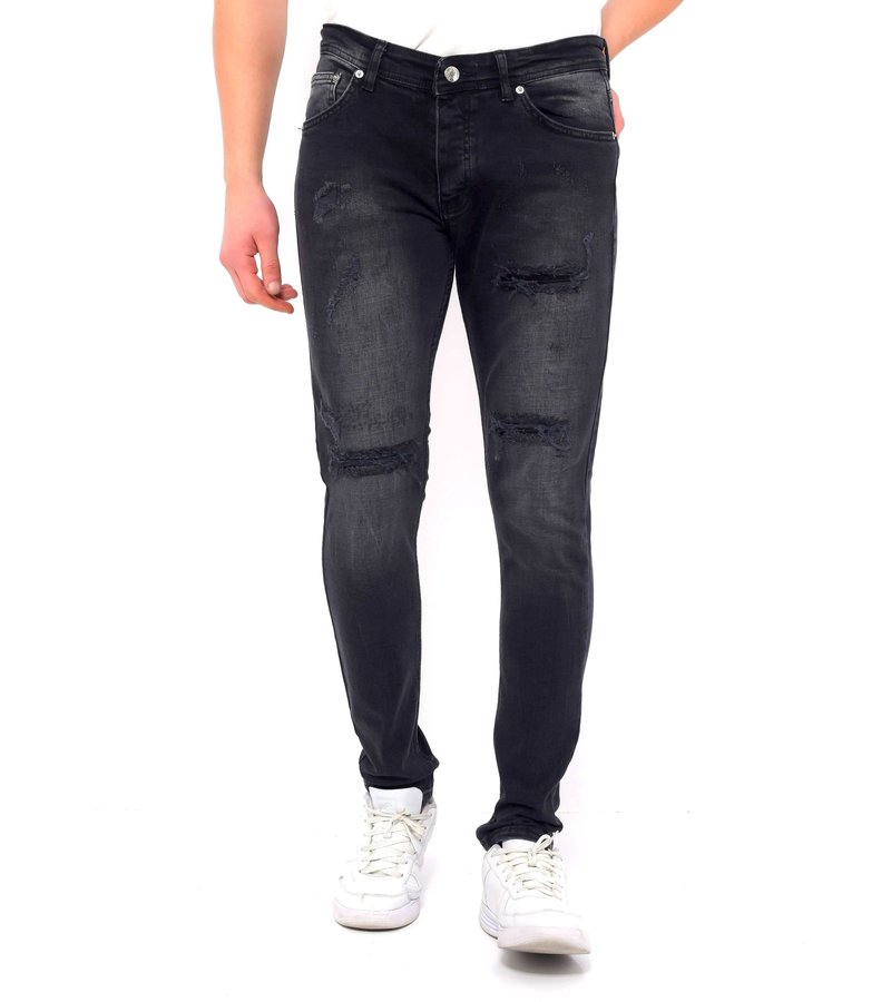 True Rise Jeans Ripped Men's Slim Fit Stretch  -DC-053 - Black