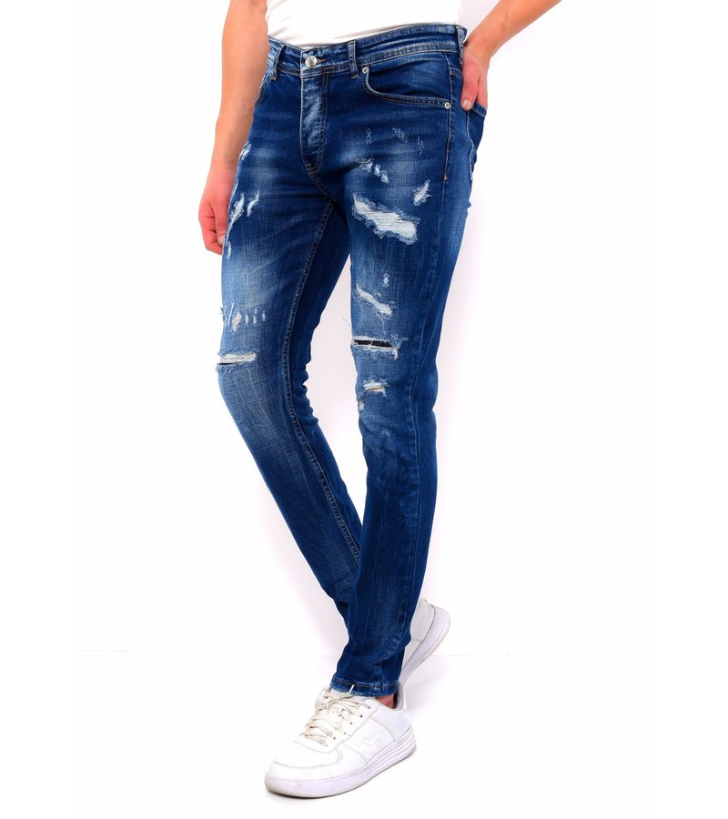 True Rise Mens Blue Slim Fit Jeans with Holes - DC-047