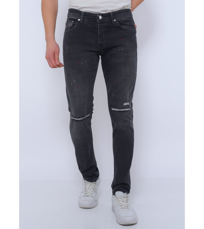 True Rise Ripped Men's Jeans with Paint Splashes Slim Fit - DC-040 - Black