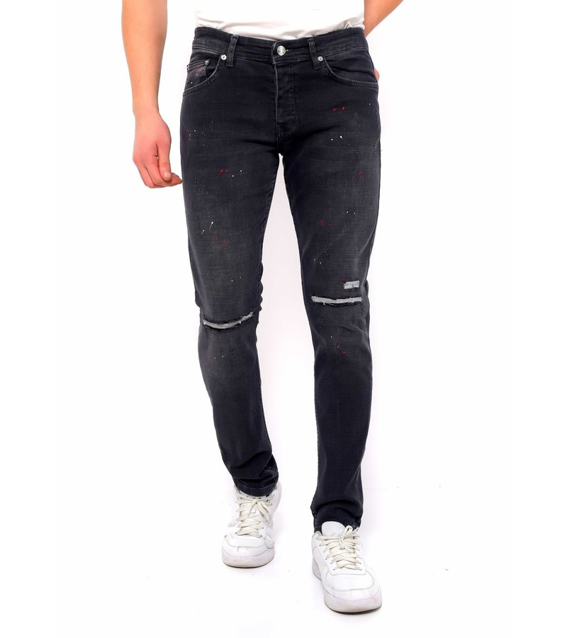True Rise Ripped Men's Jeans with Paint Splashes Slim Fit - DC-040 - Black