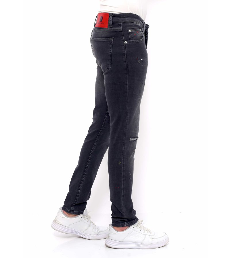 True Rise Ripped Men's Jeans with Paint Splashes Slim Fit - DC-040 - Black