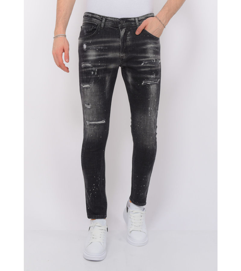 Good For Nothing ripped skinny jeans with paint splatter in dark oil wash