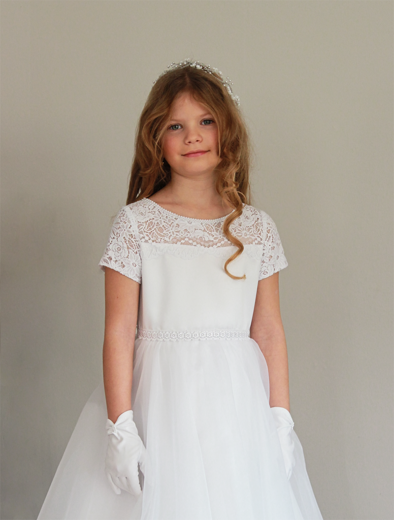 Kids  Elegantes Kommunionkleid lang mit Spitze und Organzarock