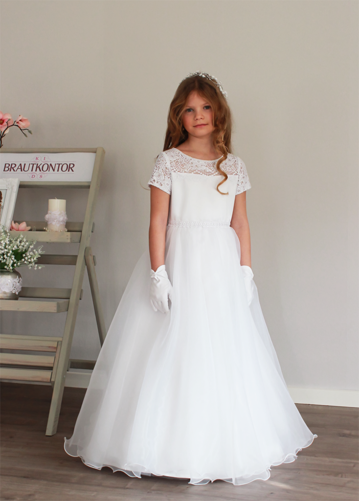 Kids  Elegantes Kommunionkleid lang mit Spitze und Organzarock