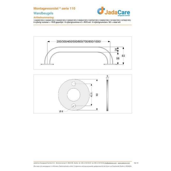 Jadacare Wandbeugel: 70 cm staal wit