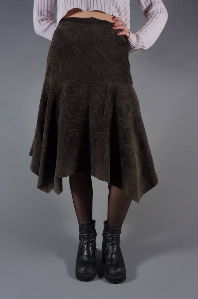 70s Suede Midi Laagjes Rok Embroidery
