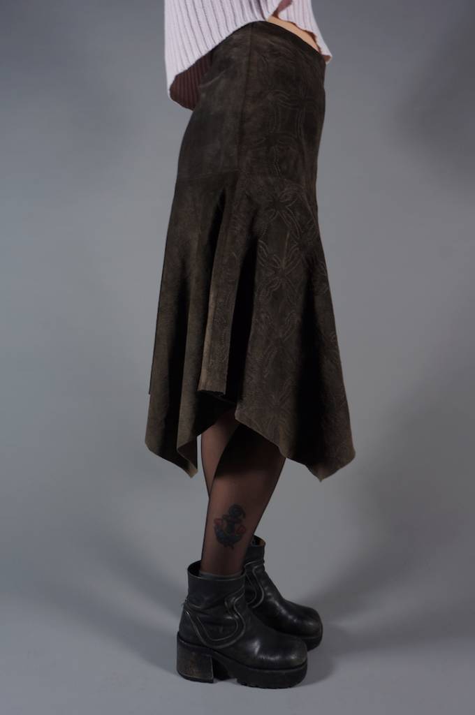 70s Suede Midi Laagjes Rok Embroidery