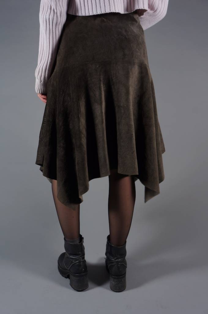 70s Suede Midi Laagjes Rok Embroidery