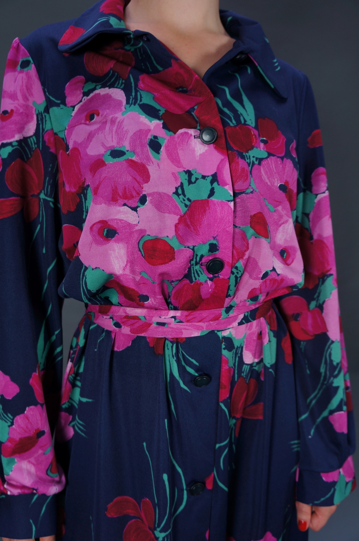 70er Button-Up Blumen Maxikleid — Blau / Grün