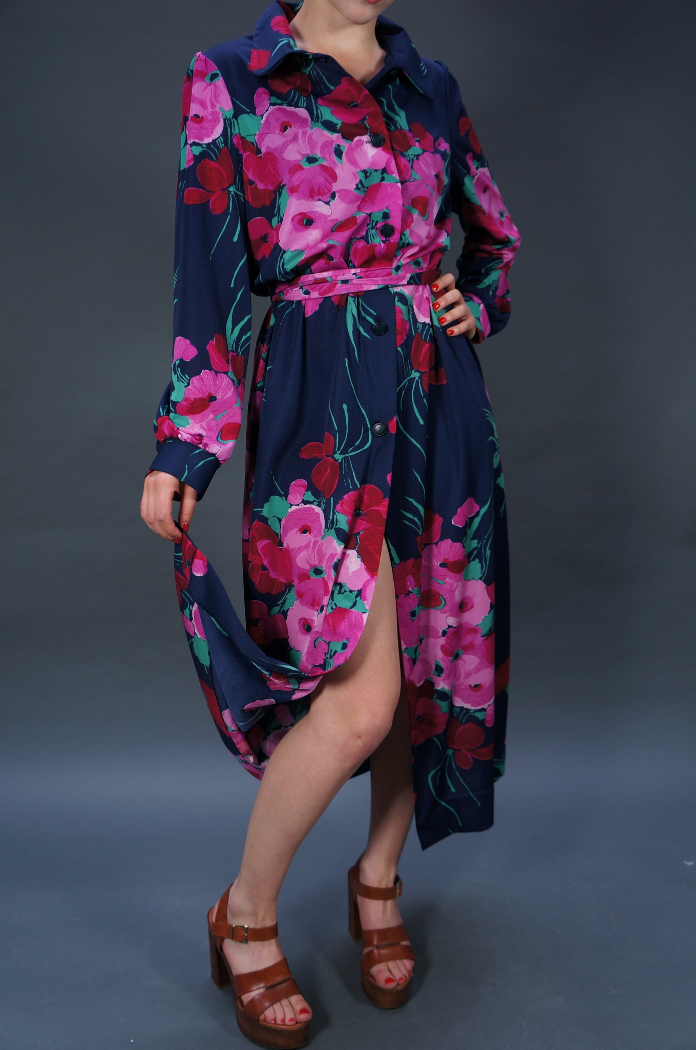 70er Button-Up Blumen Maxikleid — Blau / Grün