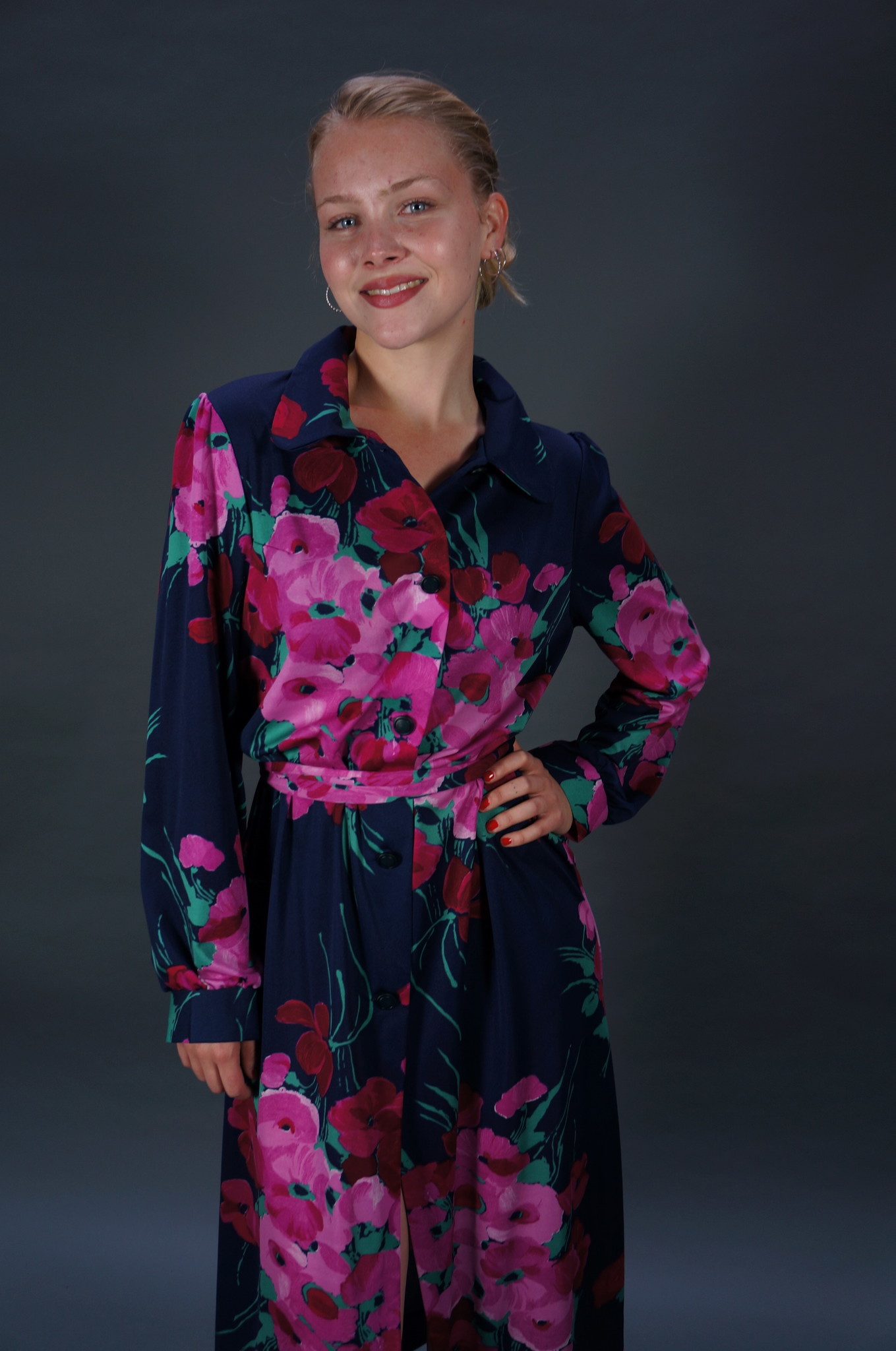 70er Button-Up Blumen Maxikleid — Blau / Grün