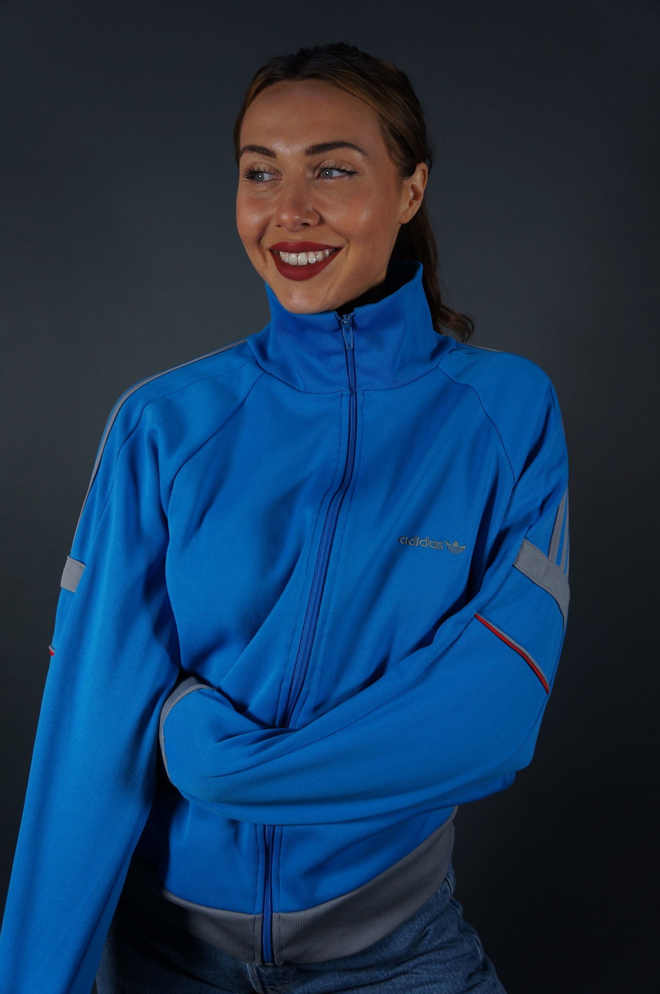 70er Adidas Blau & Grau Trainingsjacke — L