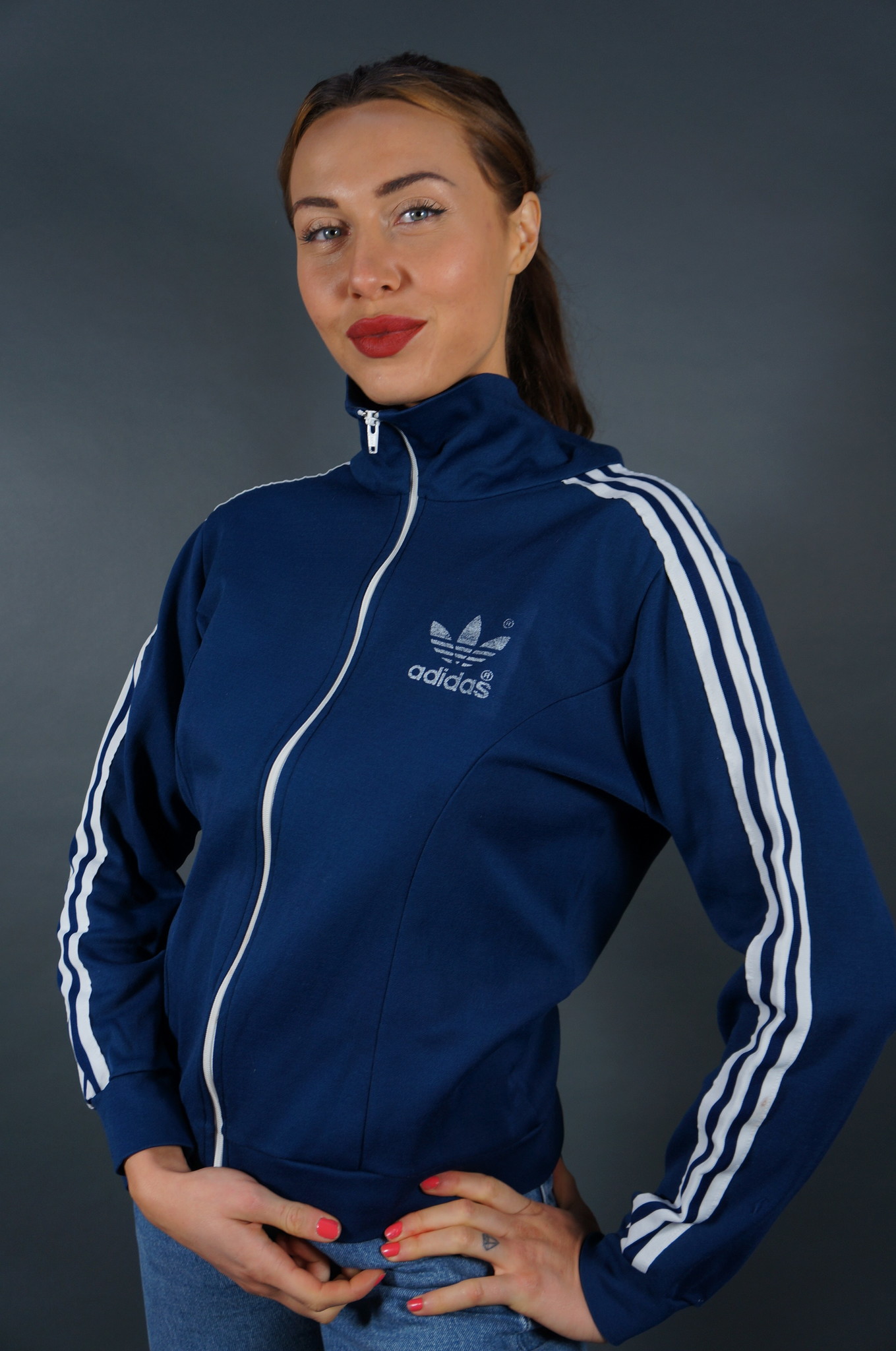 70er Adidas Blau & Weiß Trainingsjacke — S/M