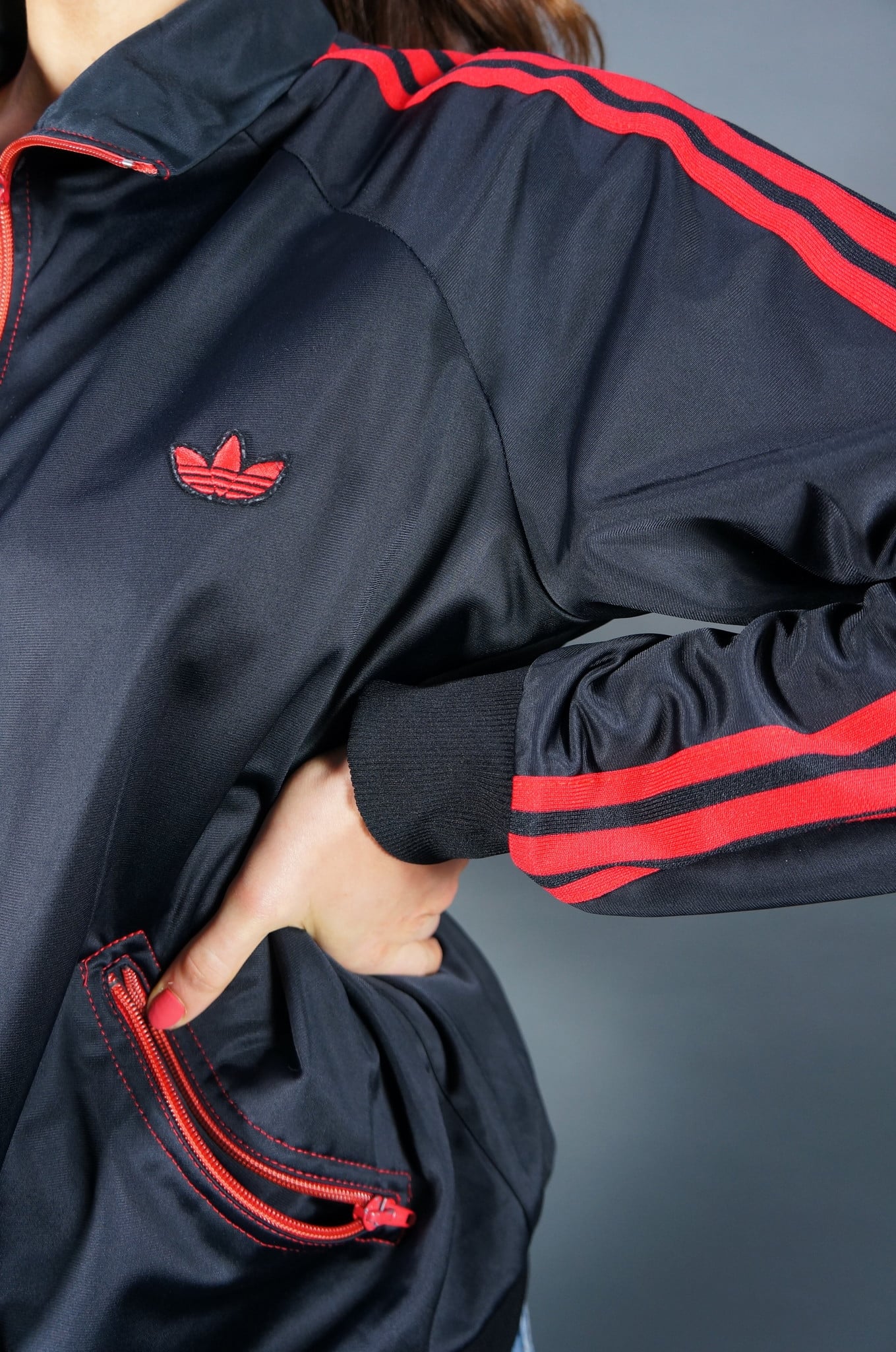 70er Adidas Trainingsjacke — Schwarz / Rot