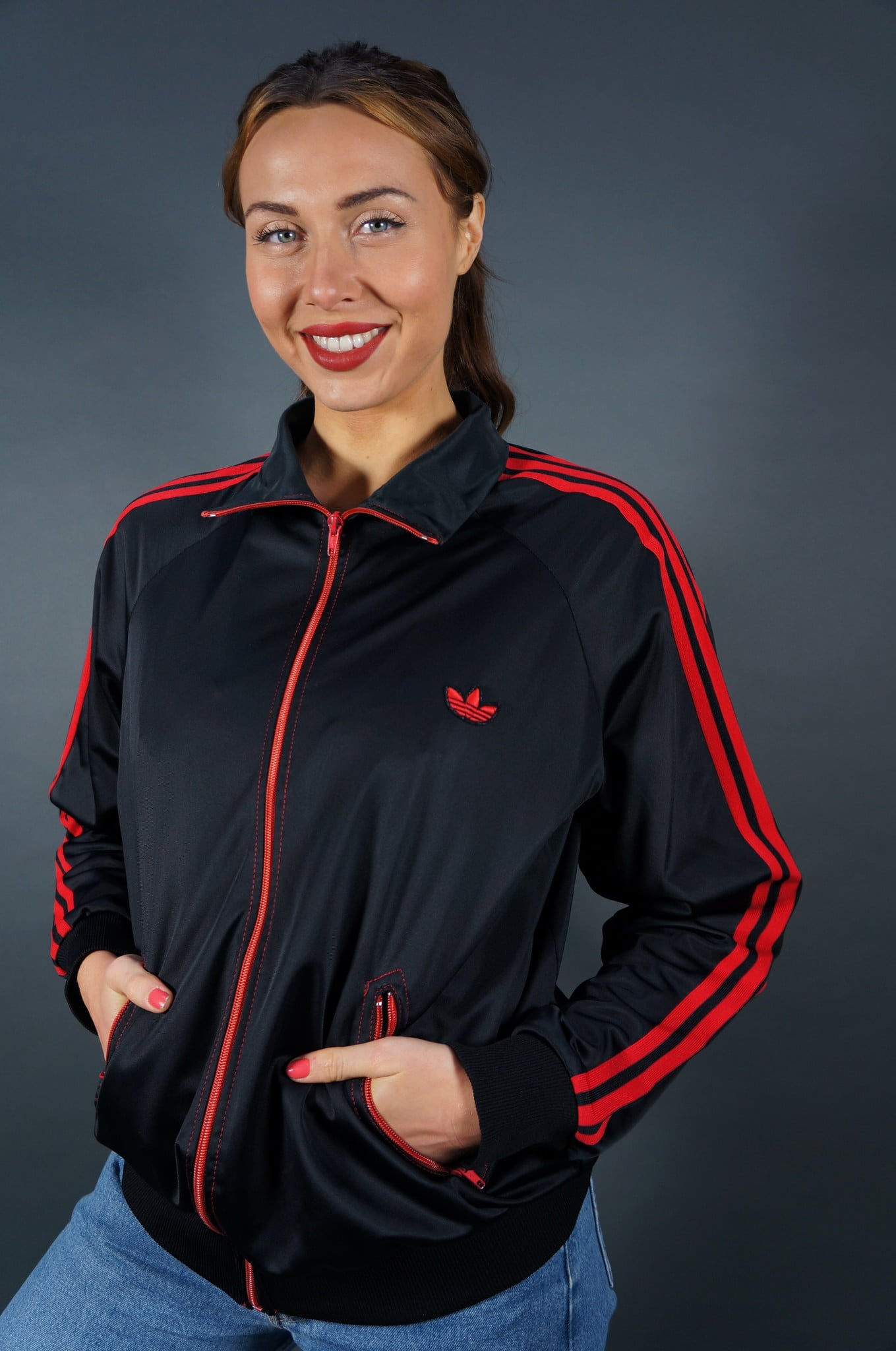 70er Adidas Trainingsjacke — Schwarz / Rot